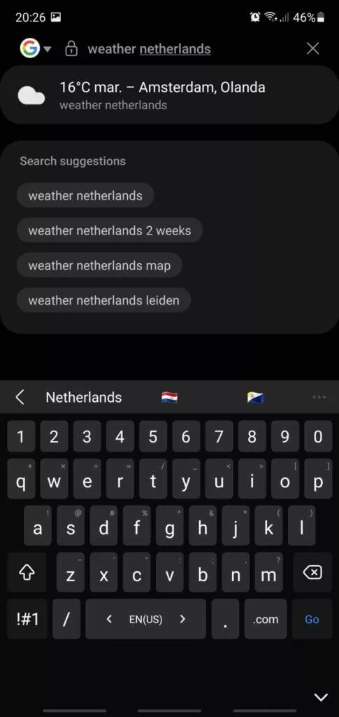 Samsung Internet 16 beta našeptávání počasí