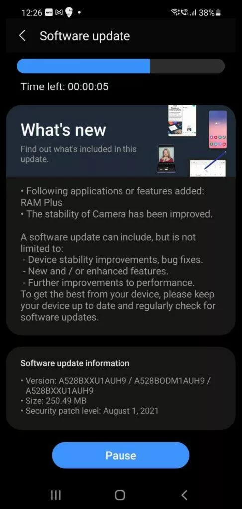Samsung RAM Plus Galaxy A52s 5G aktualizace