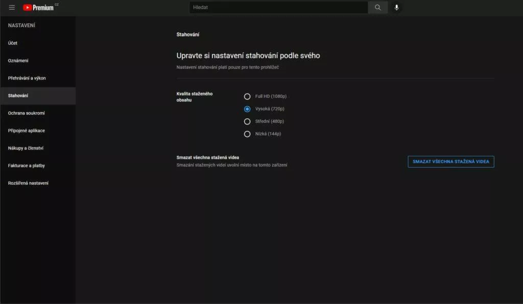 YouTube stahování offline sledování videí nastavení