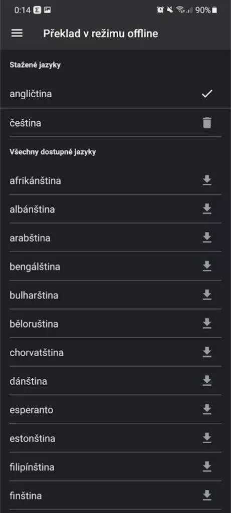 Jazyky uložené pro offline překlady jazyky Překladač Google triky 2