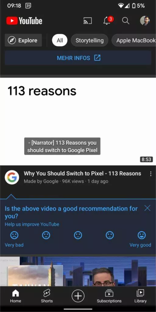 YouTube Android aplikace redesign spodní nabídka linka tmavá stará