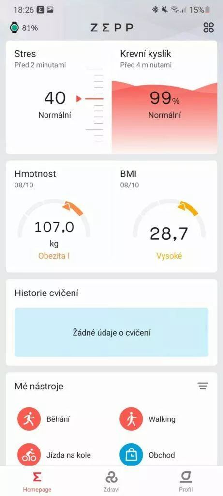 Zepp aplikace hlavní karta 2