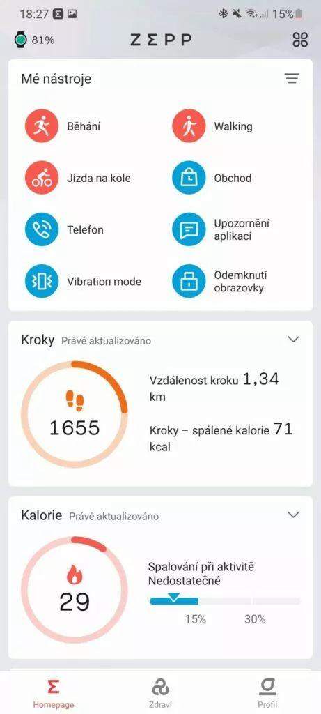 zepp aplikace hlavni karta 3