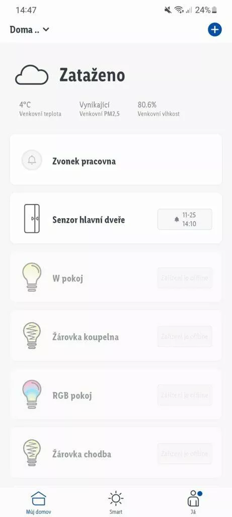 aplikace LIDL Home 1 seznam zařízení zvonek senzor