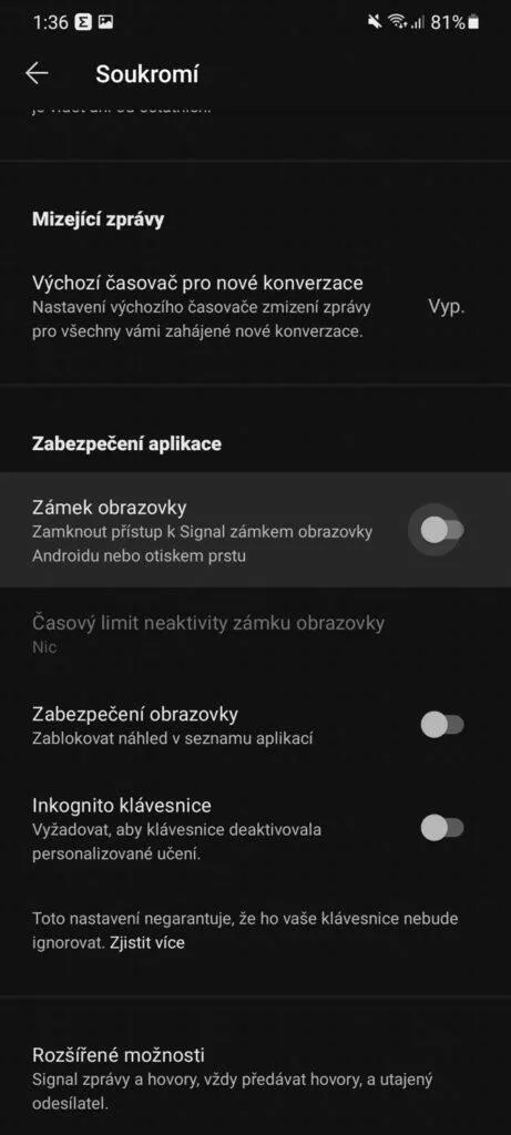 efektivnější aplikace Signal tipy zámek obrazovky 2 přepínač
