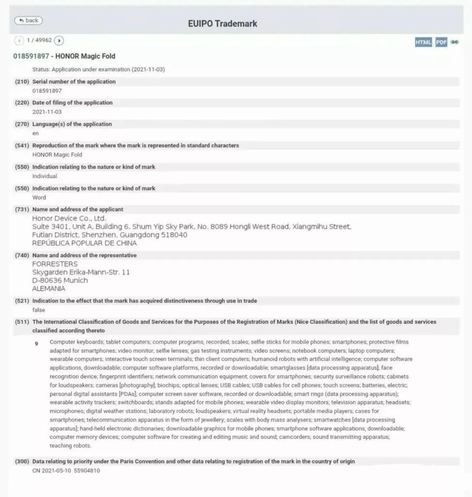 honor ohebne telefony nazvy honor magic fold registrace euipo