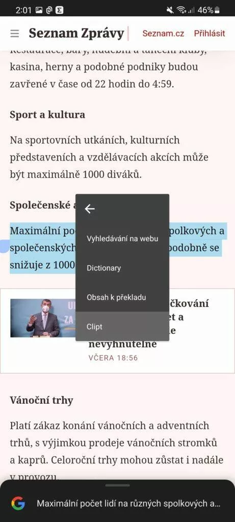 kopírování textu mobil PC aplikace Clipt 9 ukázka kopírování menu Clipt