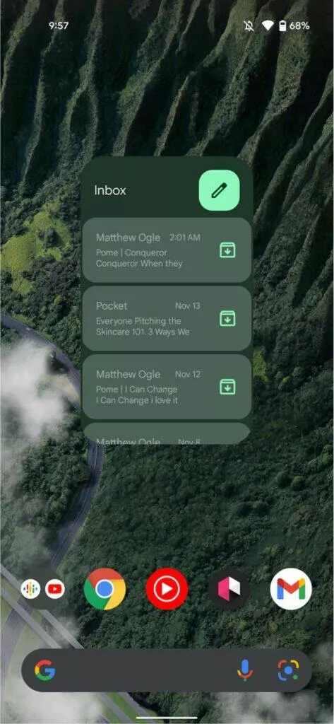 nový Gmail widget Material You Android 12 ukázka