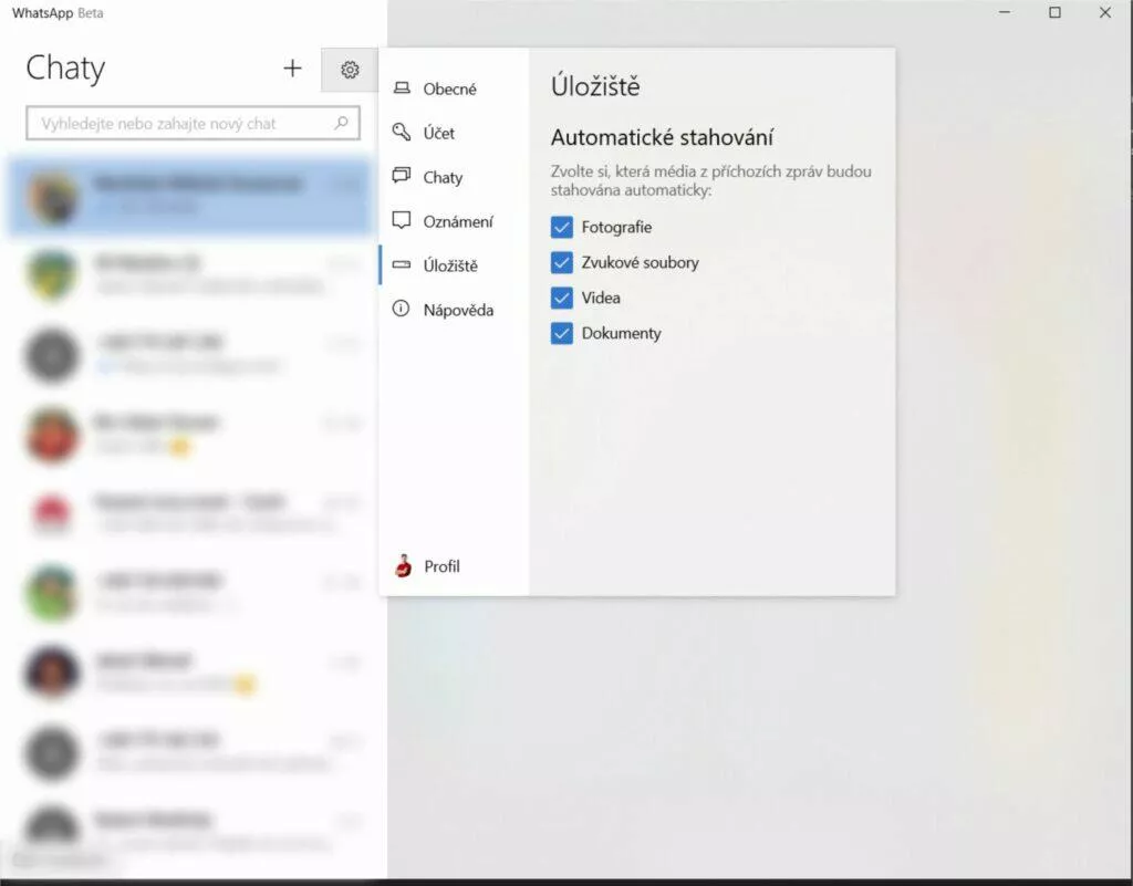 WhatsApp Beta Windows 10 11 aplikace instalace návod 7 nastavení úložiště