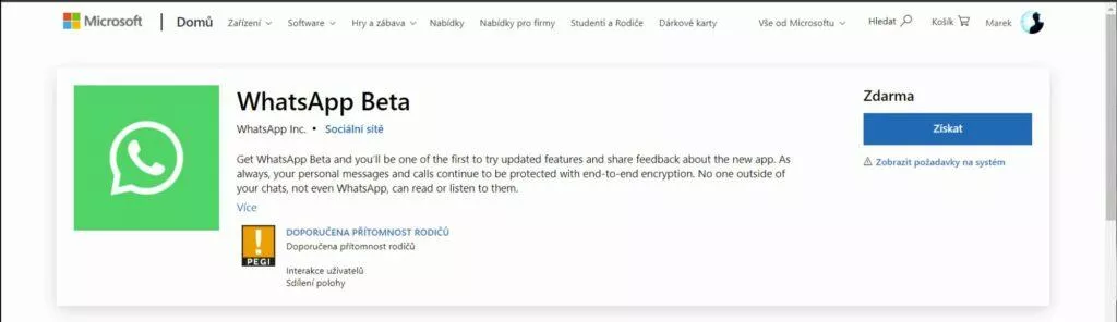 WhatsApp Beta Windows 10 11 aplikace instalace Store náhled
