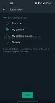 WhatsApp naposledy soukromí Moje kontakty kromě screenshot
