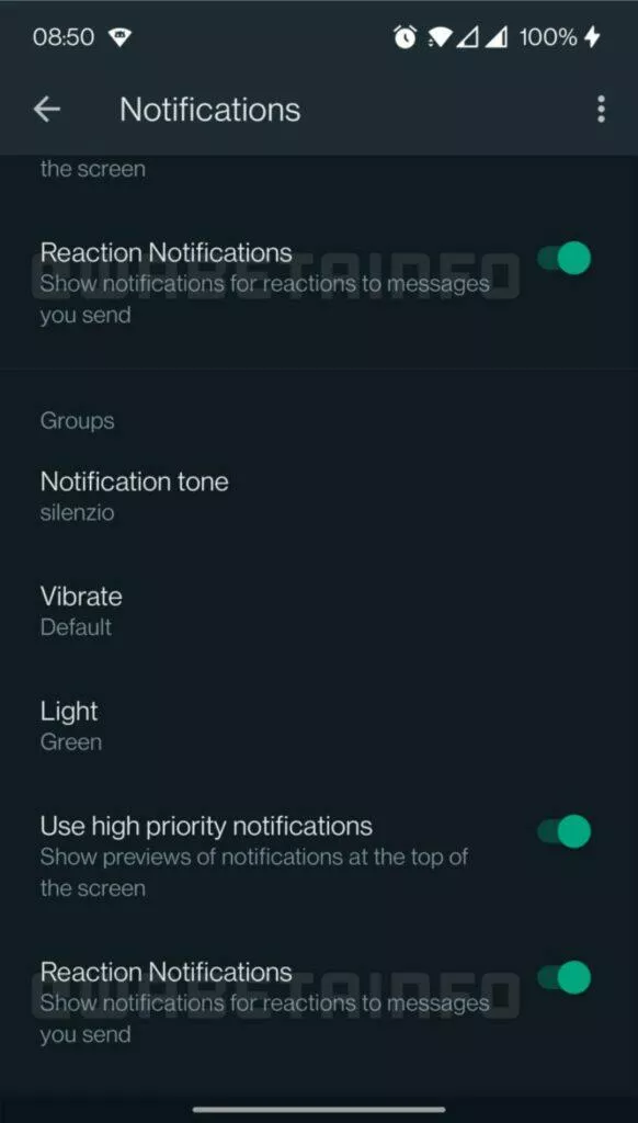 WhatsApp reakce na zprávy upozornění přepínač