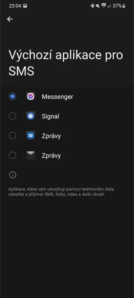 Messenger výchozí aplikace SMS Android nastavení aplikace výběr