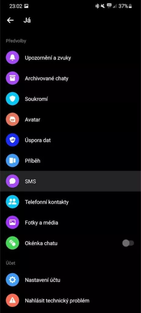 Messenger výchozí aplikace SMS Messenger nastavení nabídka