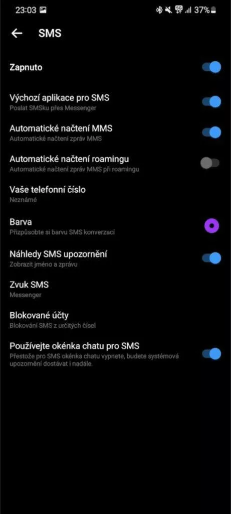 Messenger výchozí aplikace SMS Messenger nastavení přepínače