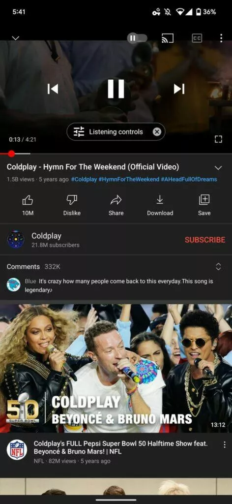 YouTube Listening control popup
