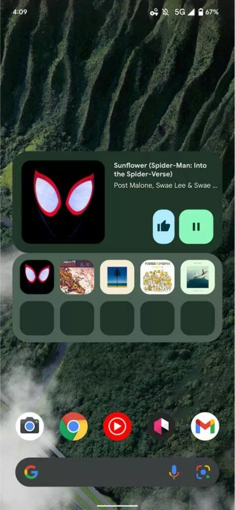 YouTube Music widget ovládání hudby