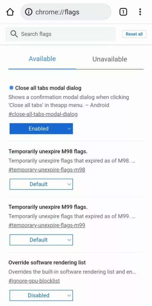 Google Chrome dialog zavřít všechny karty flags