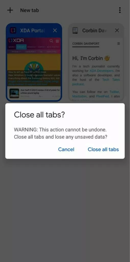 Google Chrome dialog zavřít všechny karty ukázka