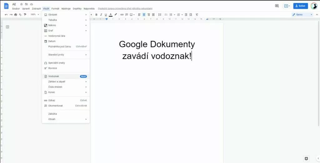 Google Dokumenty vodoznak menu