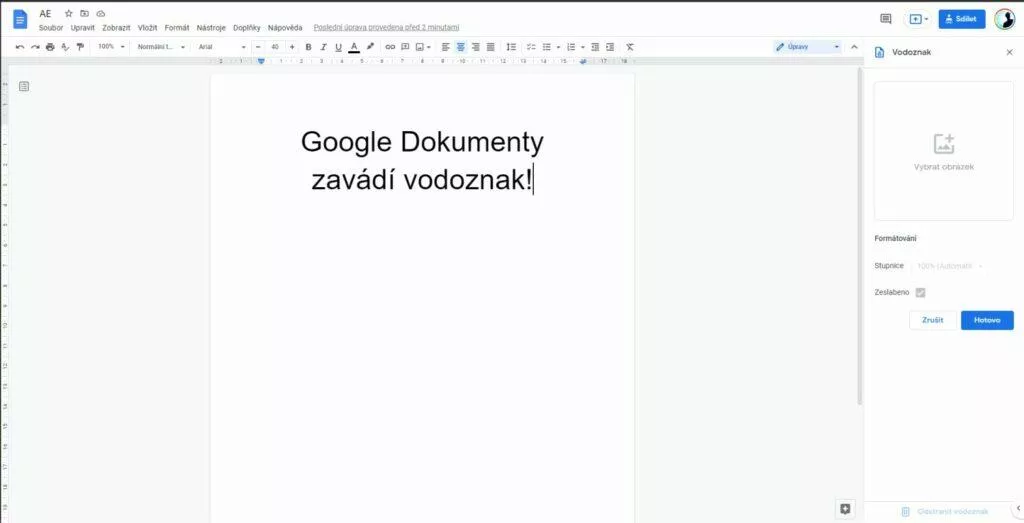 Google Dokumenty vodoznak nabídka