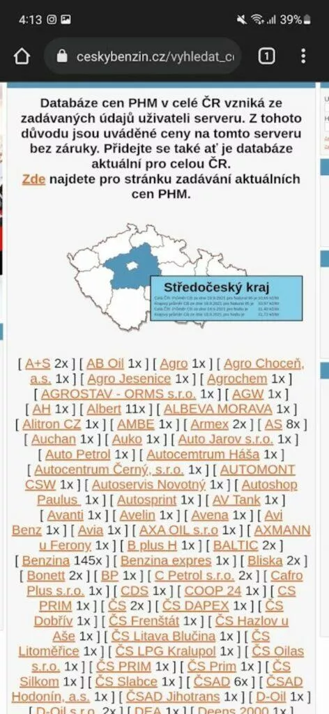nejlevnější benzín nafta palivo aplikace web CeskyBenzin.cz mapa kraje