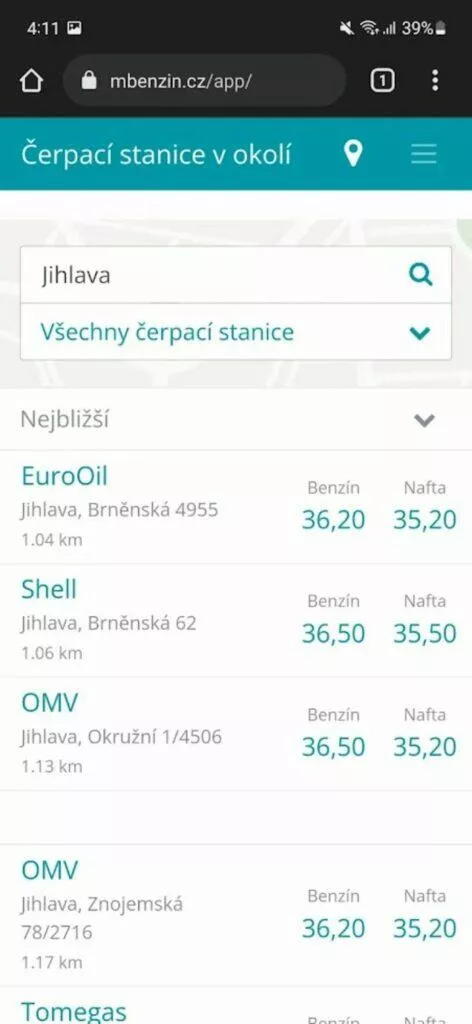 nejlevnější benzín nafta palivo aplikace web mBenzin.cz přehled
