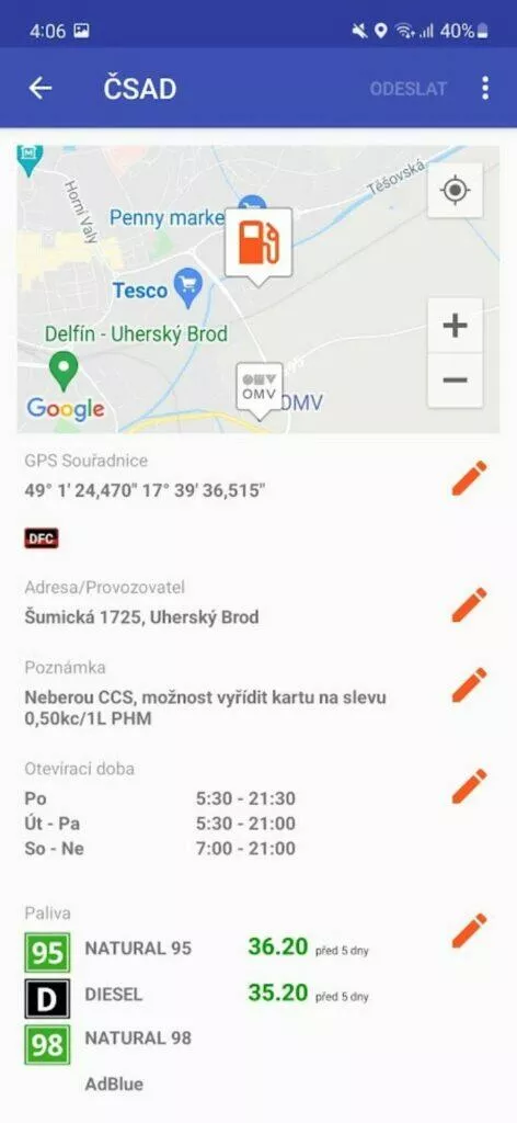 nejlevnější benzín nafta palivo aplikace web Pumpdroid detail čerpací stanice