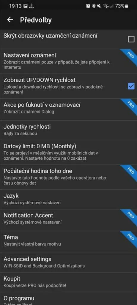 aplikace Internet Speed Meter měření rychlosti připojení menu