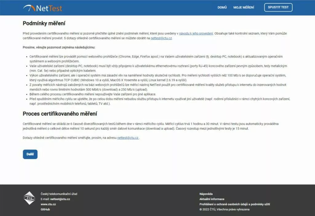 Certifikované měření rychlosti připojení k internetu NetTest ČTÚ návod 1 podmínky
