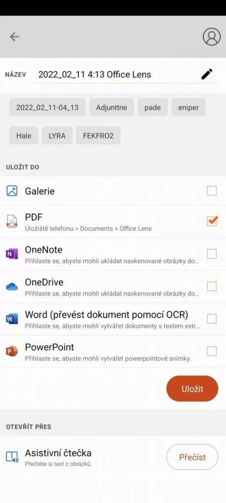 mobilní aplikace skenování Microsoft Lens 5 uložení