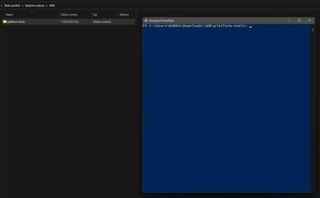 příprava ADB okno PowerShell