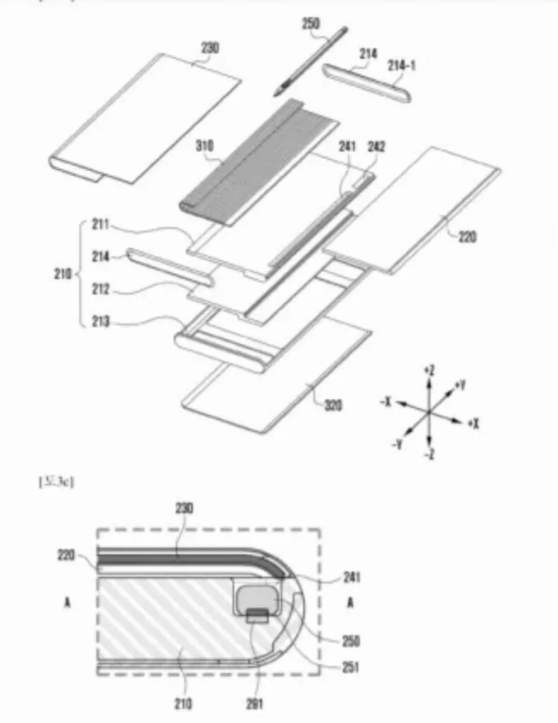 Samsung patent výsuvný ohebný mobil S Pen struktura