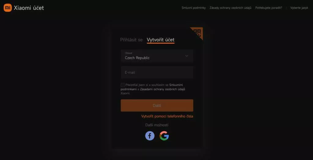 xiaomi účet vytvoření web