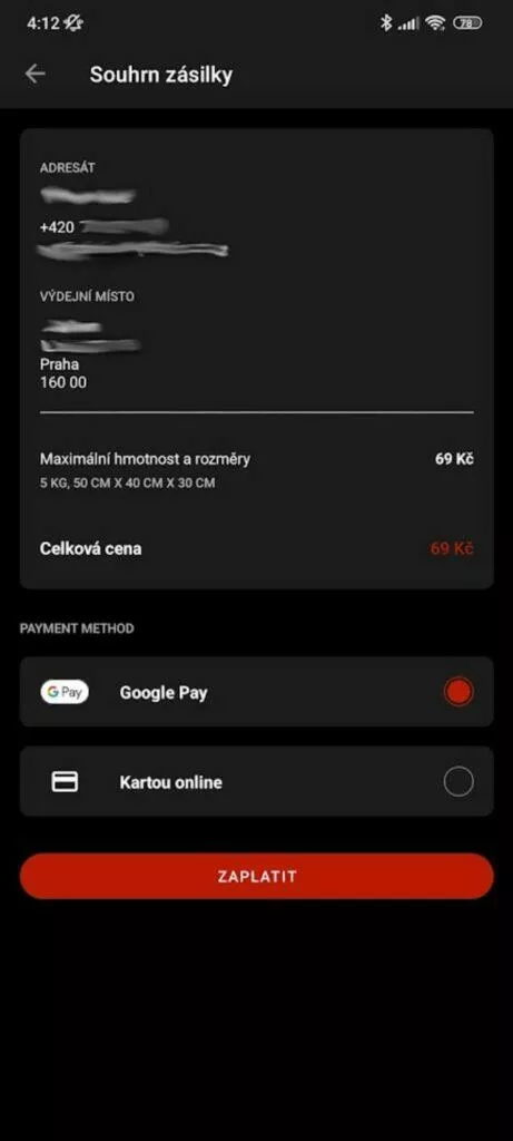 aplikace Zásilkovna placení Google Pay platba