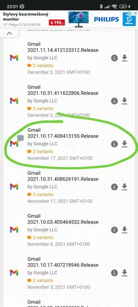 Gmail starý widget 3 APKMIrror verze