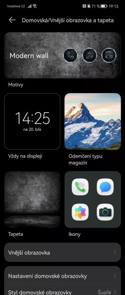 nastavení domovské obrazovky displej