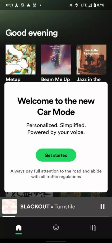 Spotify Car Mode řízení uvítání