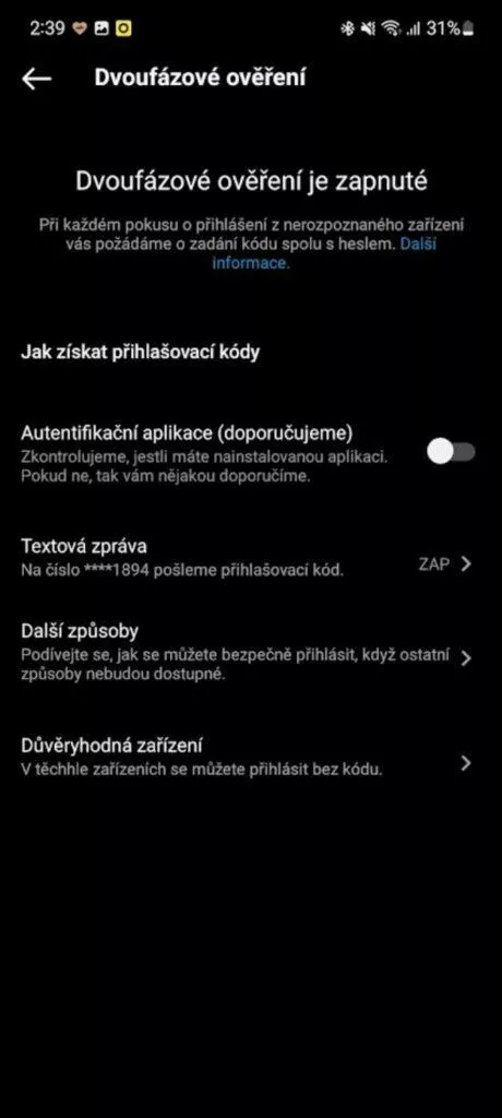 3 tipy Instagram dvoufázové ověření 3