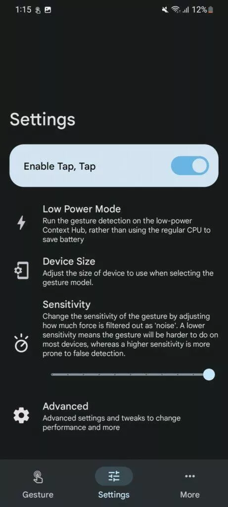 aplikace Tap, Tap ovládání mobilu poklepáním 10 nastavení citlivosti