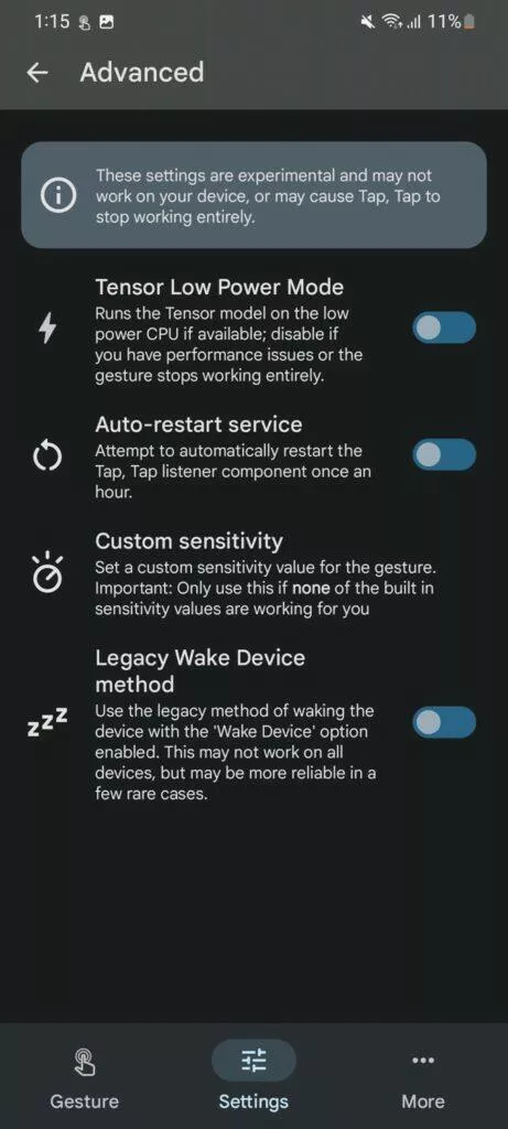 aplikace Tap, Tap ovládání mobilu poklepáním 11 pokročilé nastavení