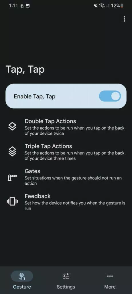aplikace Tap, Tap ovládání mobilu poklepáním 3 hlavní menu