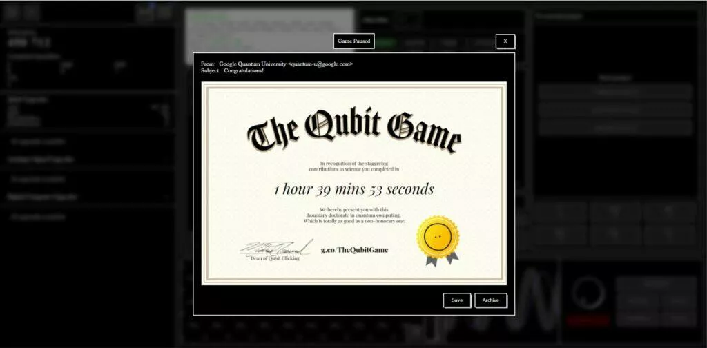 Quibit Game Google kvantový počítač hra 6 certifikát