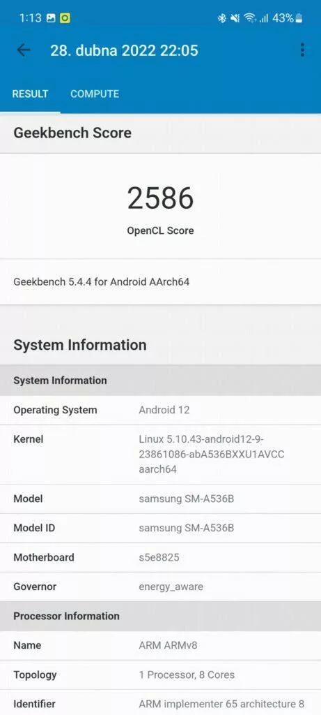 Samsung Galaxy A53 5G recenze One UI 4.1 Geekbench compute