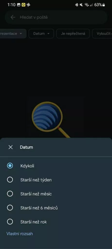 Gmail Android filtry vyhledávání datum