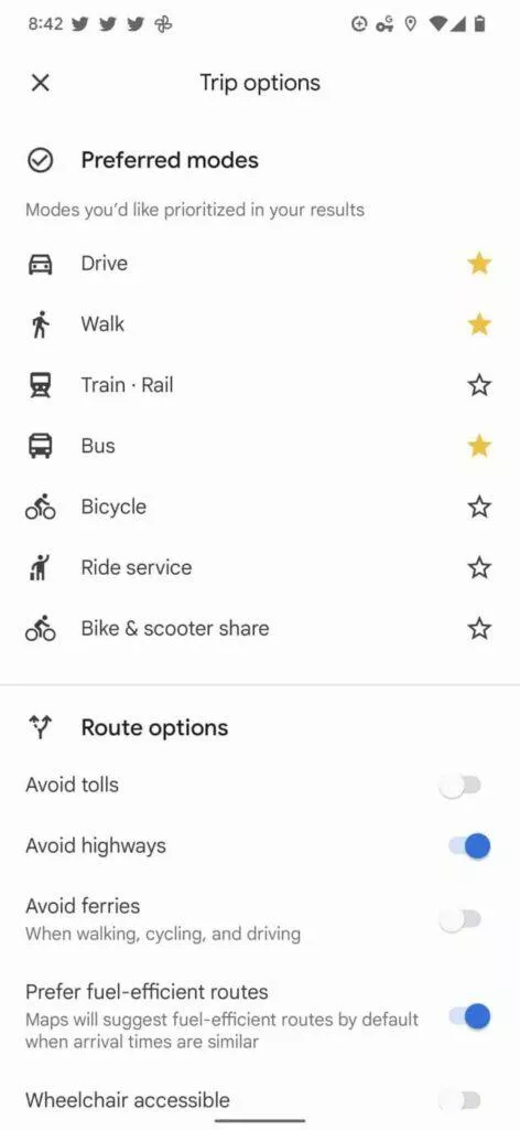 Mapy Google aplikace typy dopravy výběr nabídka