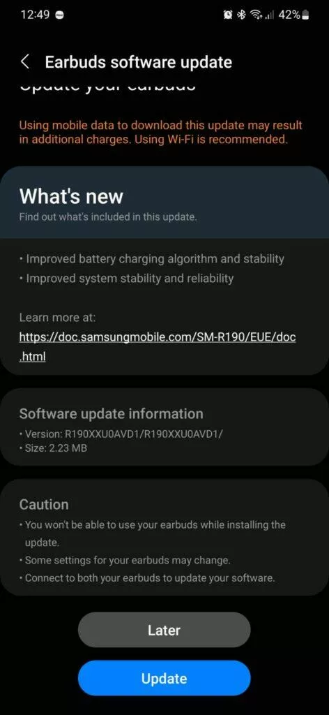 Samsung Galaxy Buds Pro update R190XXU0AVD1 changelog