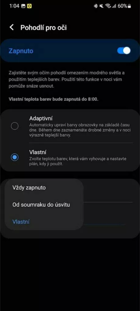Samsung Pohodlí pro oči modré světlo filtr nastavení čas
