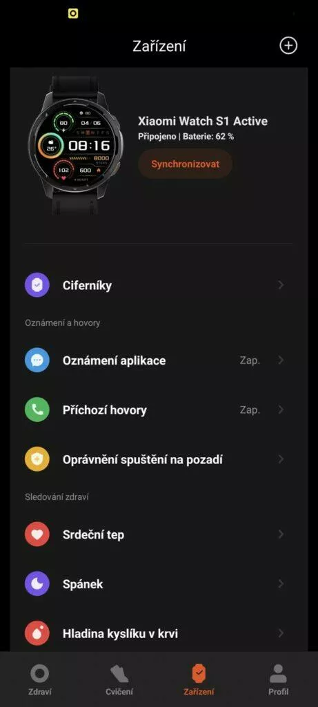 Xiaomi Wear Mi Fitness aplikace 10 menu zařízení