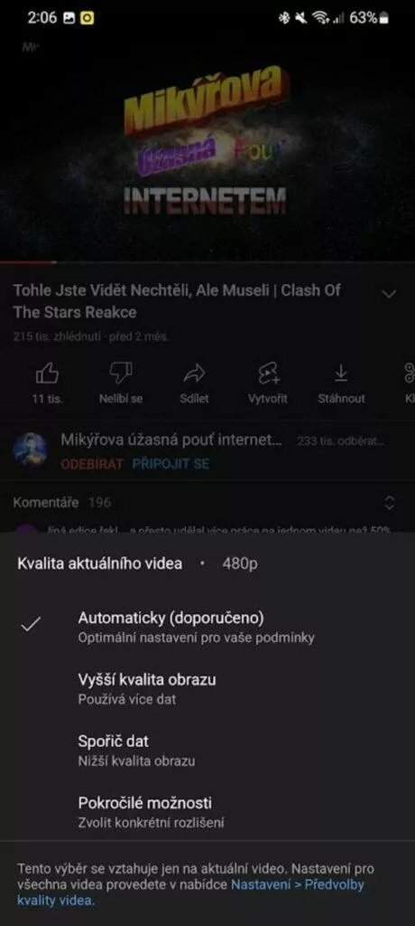 YouTube aplikace vyšší rozlišení trvale návod Kvalita aktuálního videa